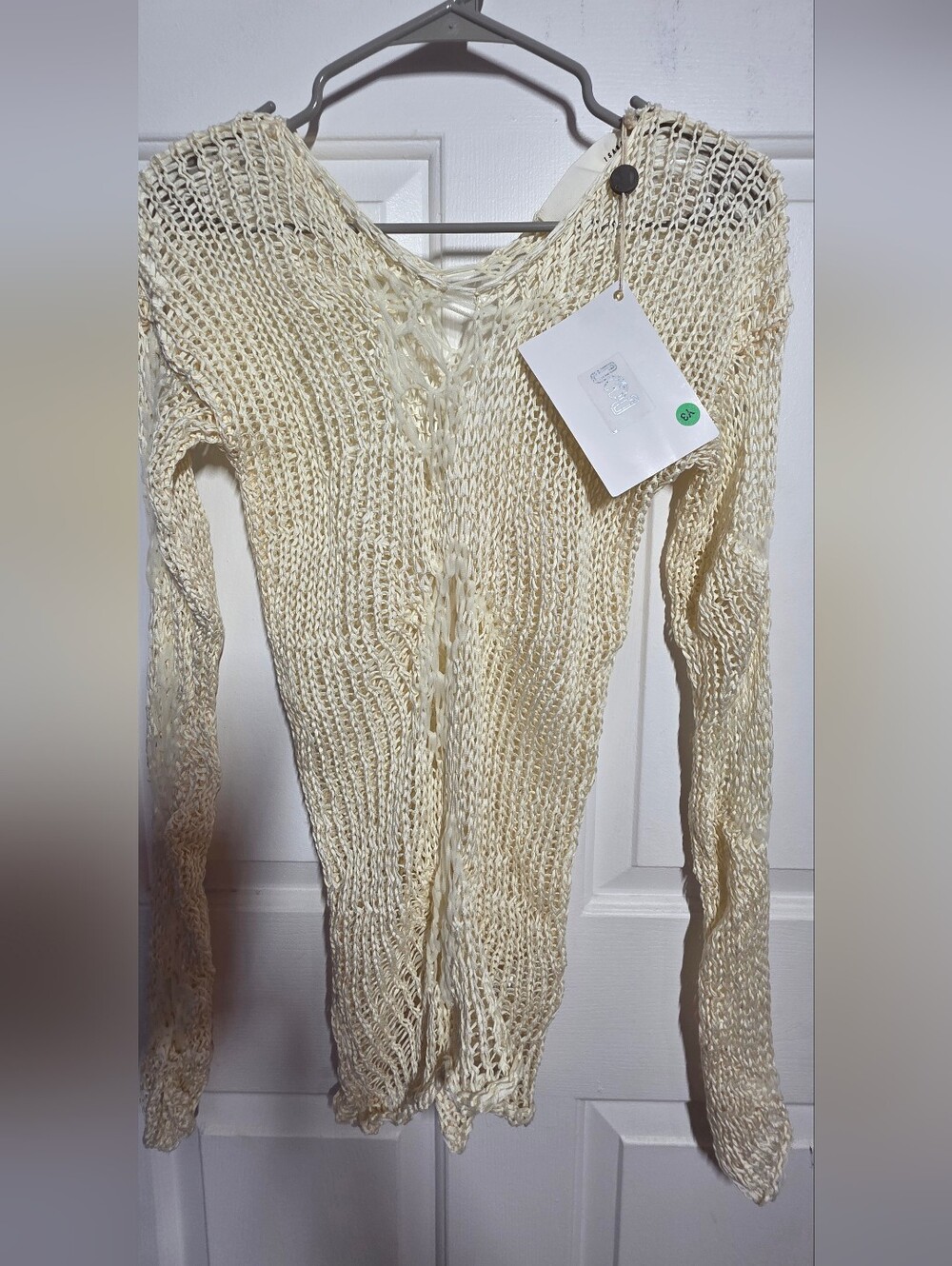 Sheer Open-Knit Cream Long-Sleeve Sweater - Picture 5 of 11